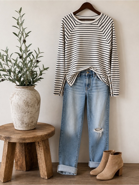Lou & Grey Sweaters - Lou & Grey | Striped Button Side Pullover | Gray Cream | M